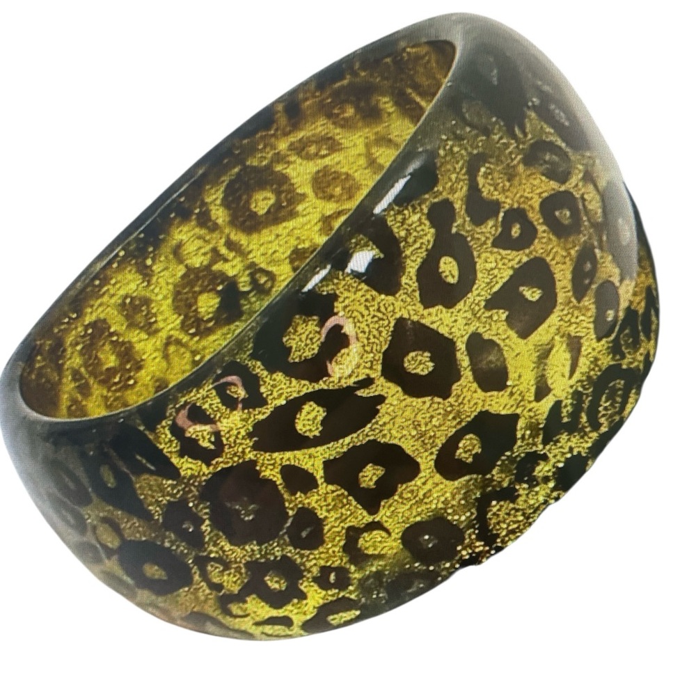 Chartreuse Lucite Glitter Chunky Bangle Bracelet Animal Leopard Print 1980's
